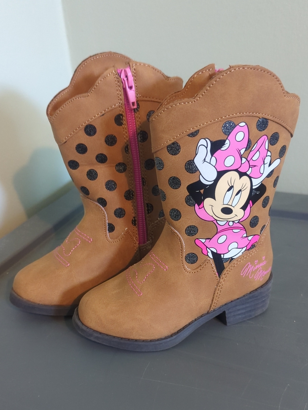 Disney Brown and Pink Minnie Mouse Polka Dot Cowgirl Boots